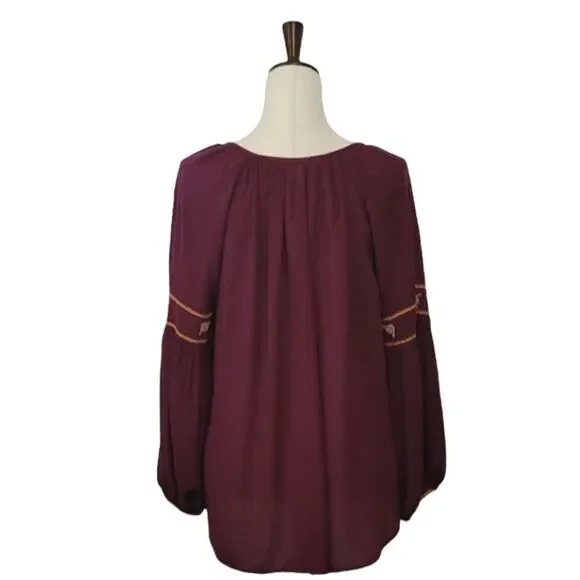 Hippie Laundry Maroon Embroidered Split Neck Ballon Sleeve Pheasant Blouse M - Picture 6 of 12